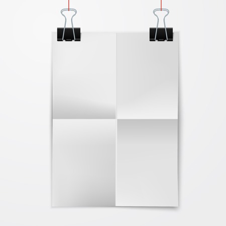 Folded blank paper sheet hanging on binder clips isolated on white background vector illustrationのイラスト素材