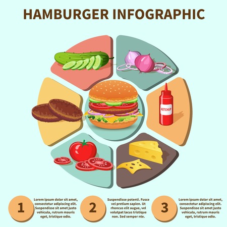 Hamburger sandwich with meat cheese tomato lettuce bun cucumber pie chart infographic vector illustrationのイラスト素材