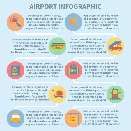 Airport icon flat set of security check airplane suitcase isolated vector illustrationのイラスト素材