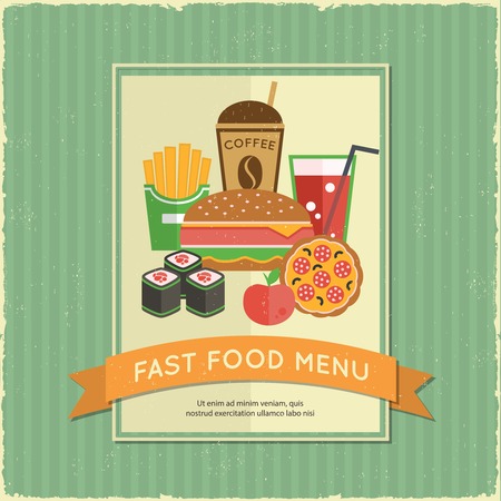 Retro fast food menu poster with ribbon and sandwich french fries drink vector illustrationのイラスト素材