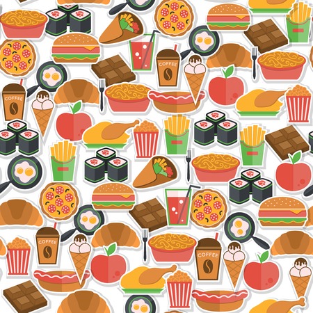 Fast food stickers icons seamless pattern with pizza icecream croissant  vector illustrationのイラスト素材