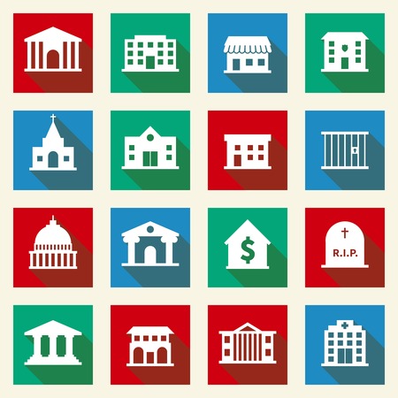 Government building icons set of library school bank isolated vector illustrationのイラスト素材