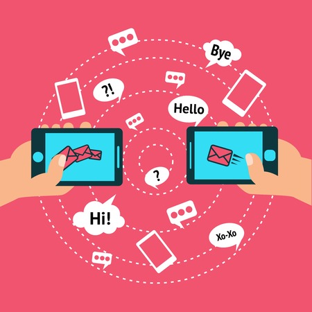 Hands holding smartphones touch screen with communication icon sets poster vector illustrationのイラスト素材