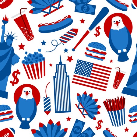 New York USA set of liberty statue skyscraper fast food seamless pattern vector illustrationのイラスト素材