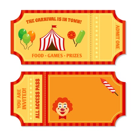 Two vintage circus tickets with clown pavilion tent balloons and candy isolated vector illustrationのイラスト素材