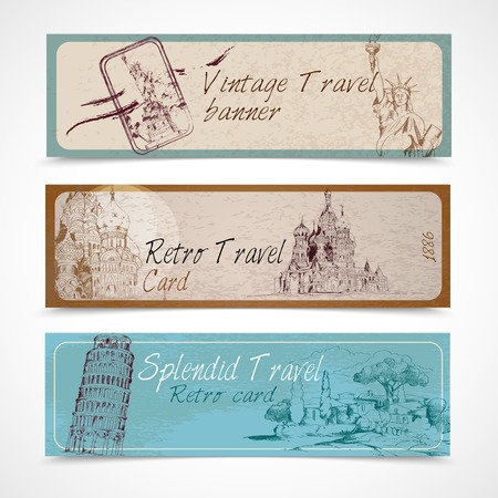 World landmark vintage retro splendid travel card banners set isolated vector illustration.のイラスト素材