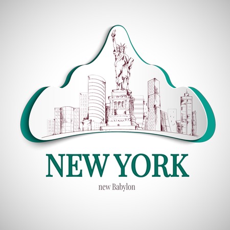 New york babylon city emblem with statue of liberty and skyscrapers vector illustrationのイラスト素材