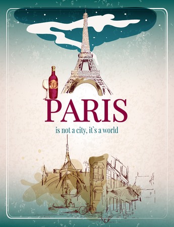 Paris world old  town city retro poster with Eiffel tower vector illustrationのイラスト素材