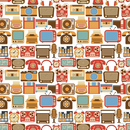 Vintage retro gadgets seamless pattern with radio vinyl player alarm clock isolated vector illustrationのイラスト素材