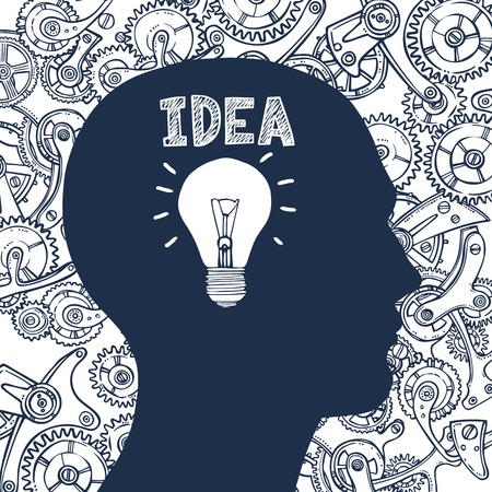 Human head silhouette thinking man with lightbulb idea symbol and cogwheel on background poster vector illustrationのイラスト素材