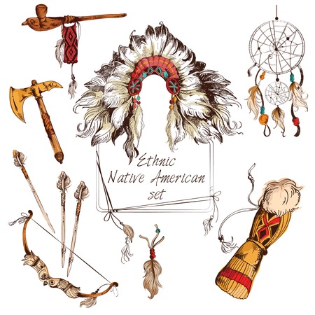 Ethnic native american indian tribal chief sketch colored decorative elements set isolated vector illustrationのイラスト素材