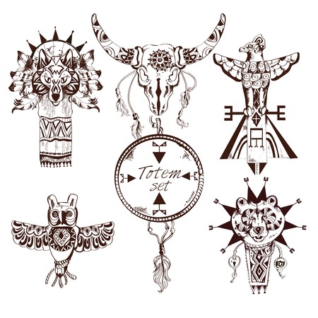 Ethnic american tribes animal totems hand drawn decorative elements set isolated vector illustrationのイラスト素材