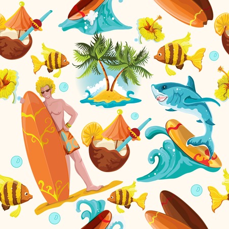Beach surfing summer seamless background with surfer shark and palm island vector illustrationのイラスト素材