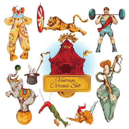 Decorative circus magic fairy wand and clown trick design vintage icons set doodle color sketch vector illustrationのイラスト素材