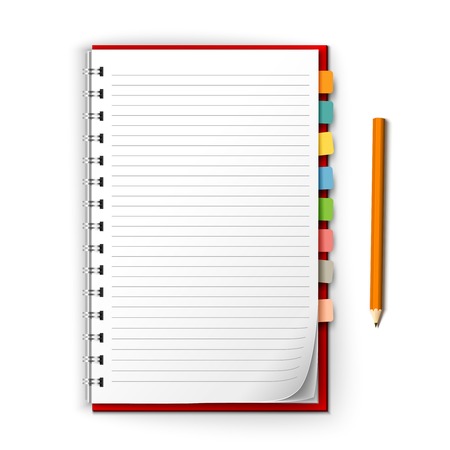 Realistic white lined notepad with bookmark reminders and pencil isolated on white background vector illustrationのイラスト素材