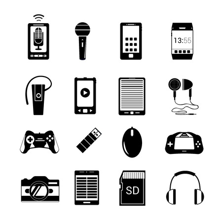 Gadget electronic equipment multimedia black icons set of smartphone tablet isolated vector illustrationのイラスト素材