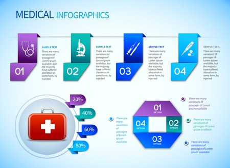 Origami infographics medical elements template with ribbon options and first aid kit vector illustrationのイラスト素材