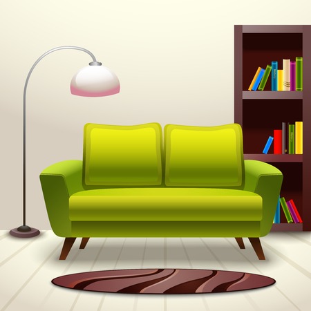Interior indoor living room design with sofa lamp and bookshelf vector illustrationのイラスト素材