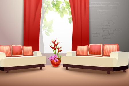 Interior indoor living room design with couch vase and window curtains vector illustrationのイラスト素材
