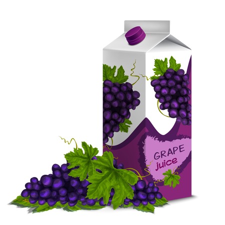 Juice drink carton box pack 3d with grape branch isolated on white background vector illustrationのイラスト素材