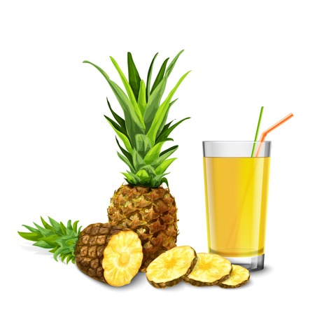 Realistic glass full of juice with cocktail straw and pineapple fruit isolated on white background vector illustrationのイラスト素材
