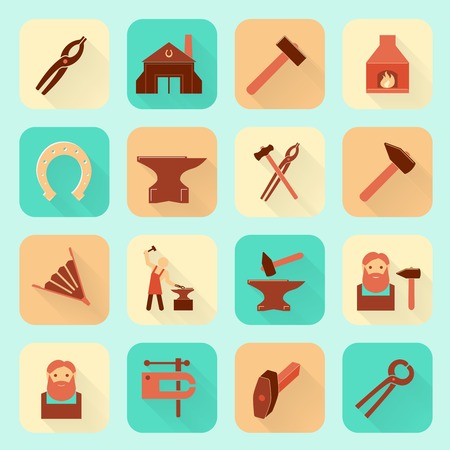 Decorative blacksmith shop anvil fire place molding tools and horseshoe pictograms icons collection flat  isolated vector illustrationのイラスト素材