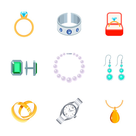 Jewelry flat icons set of diamond ring gem bracelet cuff links isolated vector illustrationのイラスト素材