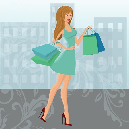Young sexy shopping girl with fashion bags with swirl decoration and urban background isolated vector illustrationのイラスト素材