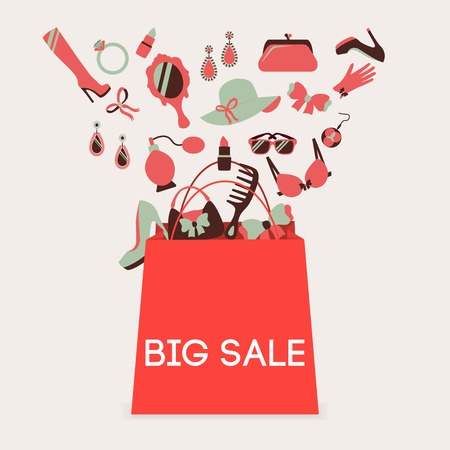 Woman shopping bag made of girl accessories big sale poster vector illustrationのイラスト素材