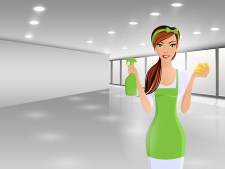 Young woman housewife cleaning with spray and sponge portrait on business office background vector illustration.のイラスト素材