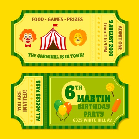Two vintage circus carnival birthday party invitation tickets templates with clown and balloon isolated vector illustrationのイラスト素材