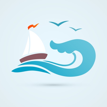 Ocean sea water wave with sailing ship and seagull vector illustrationのイラスト素材