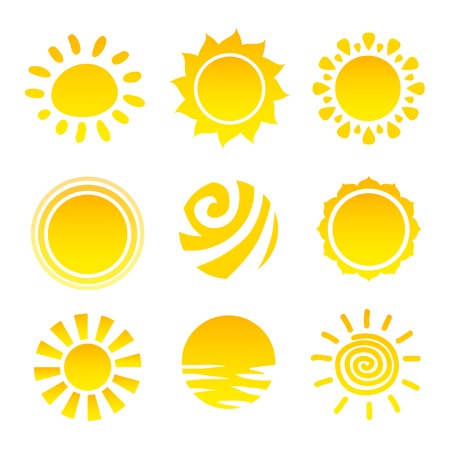 Sun light summer heat yellow beam stars icons set isolated vector illustrationのイラスト素材