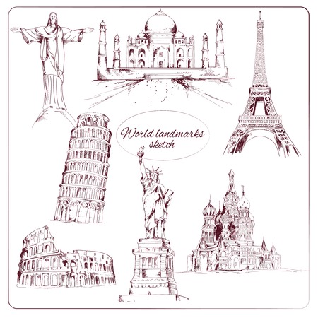 World landmark sketch set of eiffel tower kremlin statue of liberty isolated vector illustrationのイラスト素材