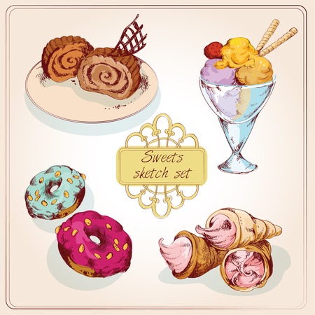 Food sweets bakery and pastry colored sketch set of ice cream doughnut isolated vector illustrationのイラスト素材