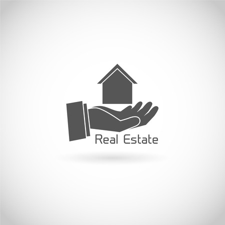 Real estate symbol human hand holding house silhouette isolated on white background vector illustrationのイラスト素材