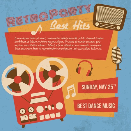Retro party poster with reel to reel tape recorder vector illustrationのイラスト素材