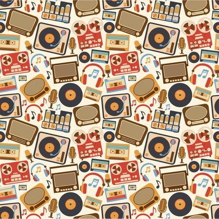 Retro music seamless pattern with vinyl player cassette recorder vintage microphone vector illustrationのイラスト素材