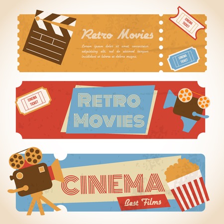 Retro movie cinema ticket banners with vintage camera popcorn vector illustrationのイラスト素材