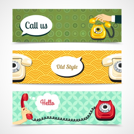 Hand holding old telephone retro banners horizontal isolated vector illustrationのイラスト素材