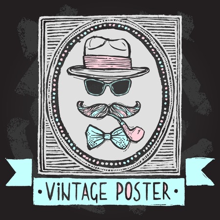 Vintage gentleman disguise set of hat sunglasses mustaches and tobacco pipe poster vector illustrationのイラスト素材