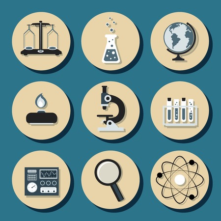 Science chemistry laboratory equipment icons set with flask scales burner isolated vector illustrationのイラスト素材