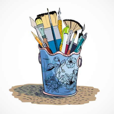 Decorative drawing tools accessoires holder with flat fan paintbrush and pen poster doodle sketch vector isolated illustrationのイラスト素材