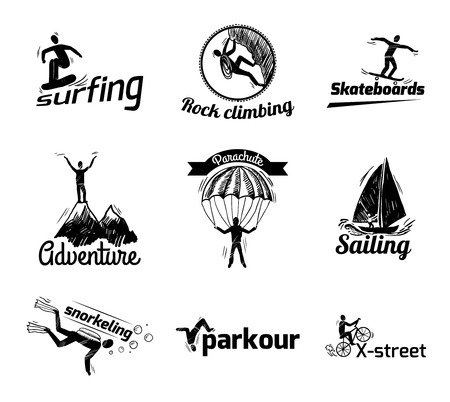 Extreme sports label sketch of diving climbing sailing isolated vector illustrationのイラスト素材