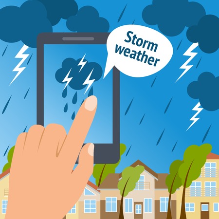 Weather forecast storm smart phone poster with rainy town background vector illustrationのイラスト素材