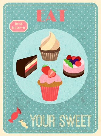 Eat your sweet retro poster with cupcake layered cake dessert vector illustration.のイラスト素材