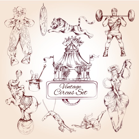 Decorative magic clown and circus animals lion elephant vintage symbols icons composition collection  doodle sketch vector illustrationのイラスト素材
