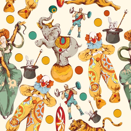 Decorative vintage circus with clown magical wand trick seamless wrap paper pattern color doodle sketch vector illustrationのイラスト素材