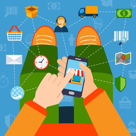 Online shopping flat concept design with person holding smartphone vector illustrationのイラスト素材