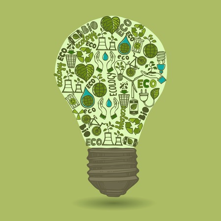 Lightbulb with sketch ecology and waste icons inside isolated on green background vector illustrationのイラスト素材
